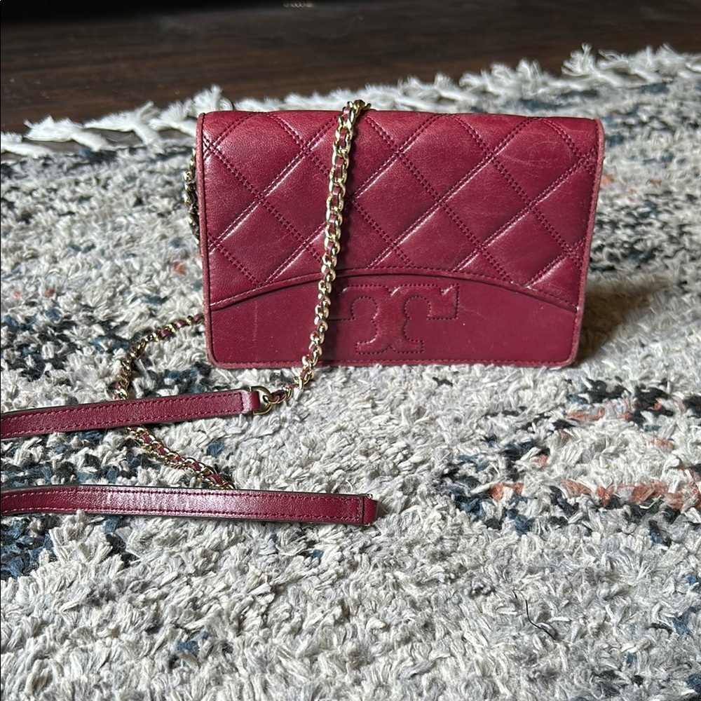 Tory Burch Red Quilted Crossbody Bag with Chain Strap